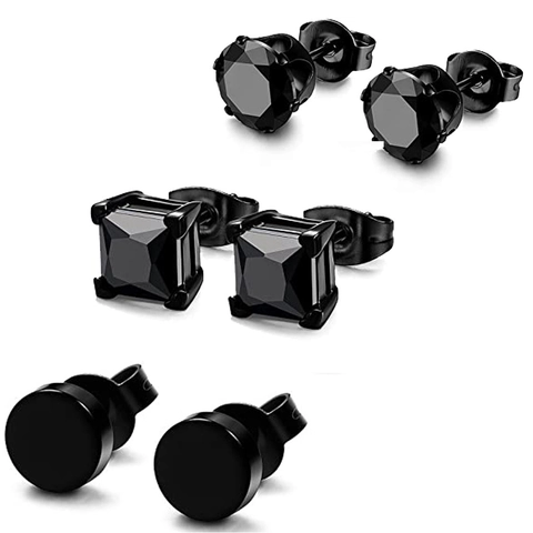 Punk Black Zircon Stud Earrings For Men Women Stainless Steel Square Round Geometric Black Plated Fashion Hip Hop Jewelry