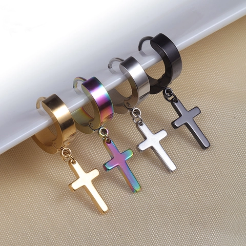 Stainless Steel Cross Hoop Earrings Punk Hip Hop Hinged Drop Earrings For Men Women Fashion Jewelry Black Gold Silver Rainbow