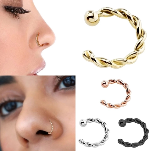 Minimalist Stainless Steel Twist Nose Ring Braided C-Shape Ball End Body Piercing Jewelry For Women Men Gold Silver Black