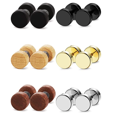 Stainless Steel Wood Barbell Stud Earrings For Men Women Punk Rock Dumbbell Style Fake Ear Plugs Gauges Body Jewelry