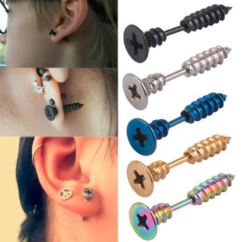 Boucles d'Oreilles Clous à Tête de Vis en Croix en Acier Inoxydable Style Punk Industriel Bijoux Homme Femme Or Argent Noir Rose