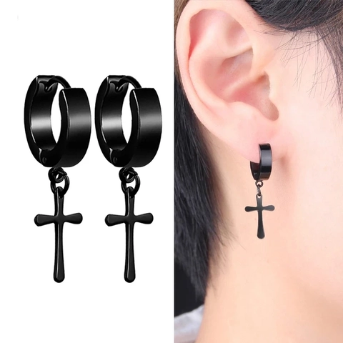 Black Stainless Steel Hoop Stud Earrings For Men Women Punk Gothic Cross Feather Spike Geometric Titanium Steel Jewelry