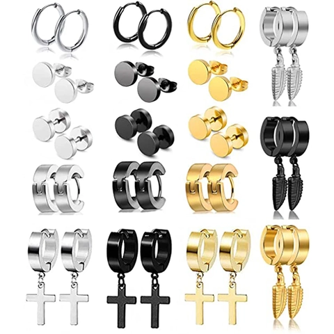 Stainless Steel Cross Feather Round Barbell Stud Hoop Earrings Unisex Punk Minimalist Gold Silver Black Jewelry