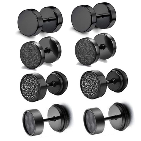 Titanium Steel Black Barbell Dumbbell Stud Earrings Frosted Smooth Checkered Texture Round Plate Screw Back Men Punk Jewelry