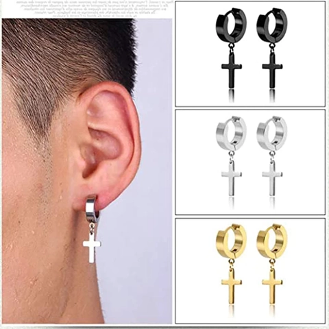 Stainless Steel Cross Feather Round Barbell Stud Hoop Earrings Unisex Punk Minimalist Gold Silver Black Jewelry