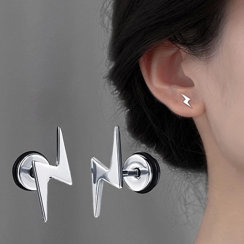 Fashion Lightning Symbol Stainless Steel Stud Earrings For Men Women Punk Street Style Jewelry Black Silver Gold Color