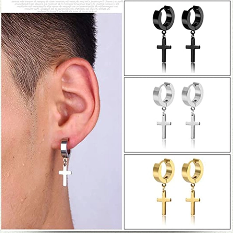 Boucles d'Oreilles en Acier Inoxydable Croix Plume Rondes Barbell Créoles Unisexe Punk Minimaliste Or Argent Noir Bijoux
