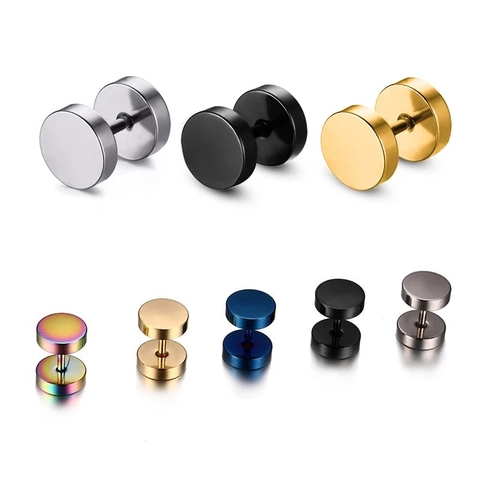 Stainless Steel Barbell Stud Earrings Minimalist Round Dumbbell Fake Plug Piercing Jewelry For Men Women Hip Hop Rock Unisex
