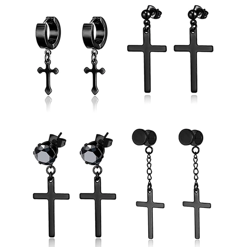 Set Orecchini a Bottone e Cerchietti con Croce Gotica per Uomo Donna in Acciaio Inossidabile Lega Zirconia Gioielli Punk