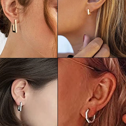Boucles d'Oreilles Créoles Géométriques en Acier Titane Minimaliste Triangle Cœur Étoile Hexagone Rectangle Carré Bijoux