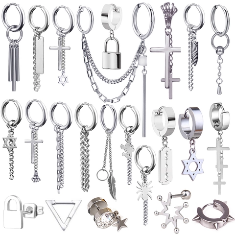 Boucles d'Oreilles Anneaux Punk en Acier Inoxydable Croix Chaîne Hommes Femmes Gothique Main de Squelette Hexagramme Bijoux