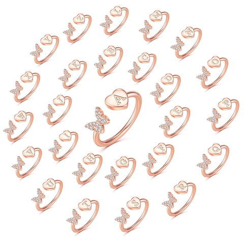 Roségoud Koper Zirkonia Vlinder Hart Initiaal Letter Open Verstelbare Ring Voor Dames Gepersonaliseerde Mode Sieraden Cadeau