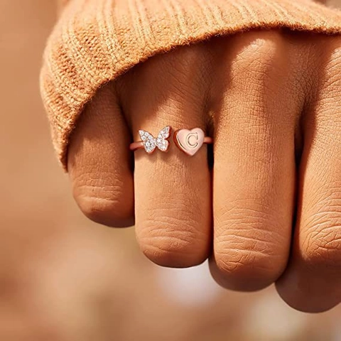 Roségoud Koper Zirkonia Vlinder Hart Initiaal Letter Open Verstelbare Ring Voor Dames Gepersonaliseerde Mode Sieraden Cadeau