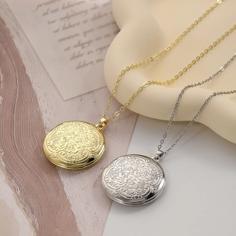 Vintage Rond Koper Medaillon Ketting Met Gegraveerd Bloemenpatroon Voor Vrouwen Goud Zilver Verguld Foto Hanger Sieraden Cadeau