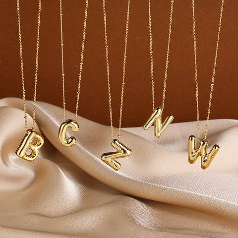 Minimalistische 3D Ballon Alfabet Hanger Ketting Verguld Koper Puffy Initiële Letter Sieraden Voor Dames Dagelijks Cadeau