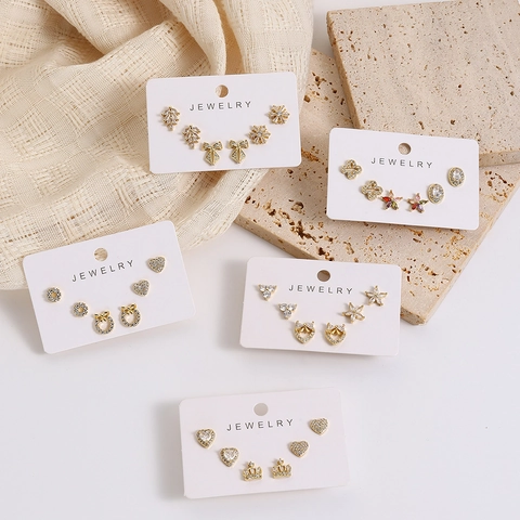 16K Gold Plated Copper Stud Earrings Collection For Women Dainty Zirconia Heart Flower Bow Crown Earrings Jewelry Accessory