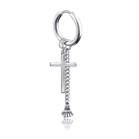 Punk Silver Tone Stainless Steel Dangle Earrings For Men Women Gothic Cross Star Skull Hand Leaf Chain Tassel Hoop Earrings Street Jewelry