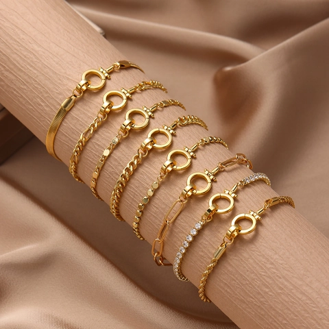 Pulsera de Cadena de Cobre Chapado en Oro de 18K para Mujer Clip Minimalista Figaro Cubana Hebilla OT Joyería de Moda