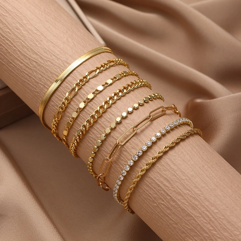 Pulsera de Cadena de Cobre Chapado en Oro de 18K para Mujer Clip Minimalista Figaro Cubana Hebilla OT Joyería de Moda