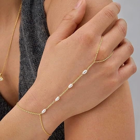 16K Gold Plated Minimalist Hand Chain For Women Adjustable Finger Ring Bracelet Artificial Pearl Rhinestone Hand Harness