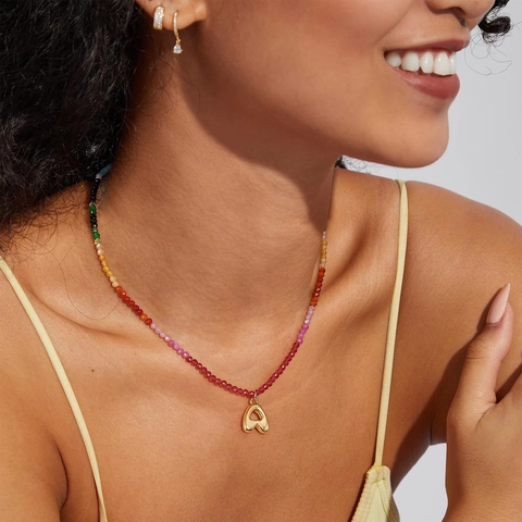 Fashion 18K Gold Plated Bubble Alphabet Letter Pendant Rainbow Beaded Necklace Colorful Crystal Beads Choker For Women Beach Jewelry