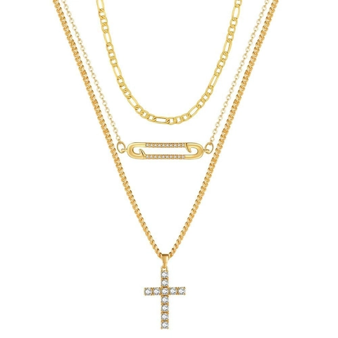 Gold Plated Copper Zirconia Layered Necklace Cross And Safety Pin Pendant Figaro Chain For Women Minimalist Fashion Streetwear Jewelry Accessory