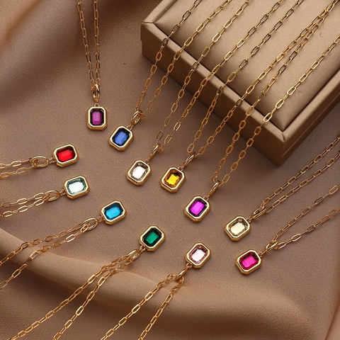 12 Geboortesteen Zirkonia Hanger Halsketting Verguld Koper Paperclip Ketting Emerald Cut Maandsteen Sieraden Voor Vrouwen
