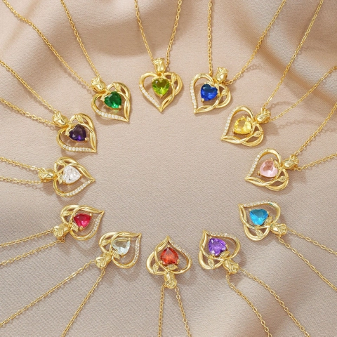 18K Verguld Koperen Hart Geboortesteen Halsketting Voor Dames Roos Bloem Strass Zirkonia Hanger Romantische Sieraden Cadeau