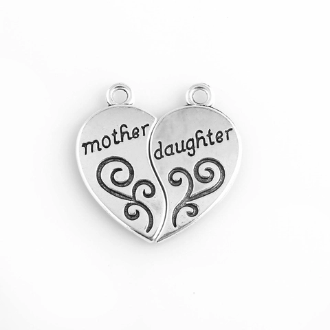 Antique Silver Alloy Mother Daughter Heart Puzzle Pendants Scroll Pattern DIY Jewelry Making Charms Necklaces Accessories