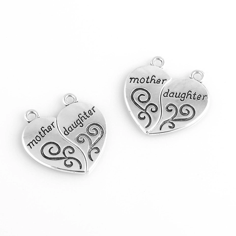 Antique Silver Alloy Mother Daughter Heart Puzzle Pendants Scroll Pattern DIY Jewelry Making Charms Necklaces Accessories