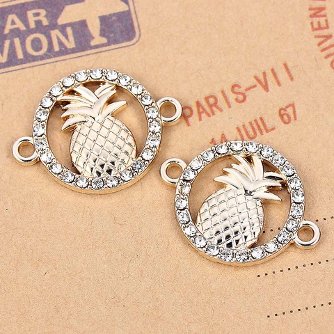 Connecteur Ananas en Alliage avec Strass Double Trou DIY Accessoires Bijoux Pour Bracelet Collier Or Rond Fruit Charm