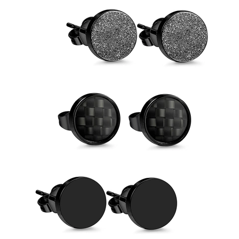 Herren Schwarz Edelstahl Runde Ohrstecker Set Mattiert Kohlefasertextur Matt Minimalistisch Unisex Schmuck