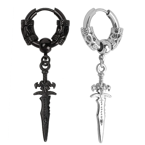 Gothic Punk Surgical Stainless Steel Dagger Sword Pendant Huggie Earrings Vintage Dragon Engraved Ear Hoop Jewelry For Men Women