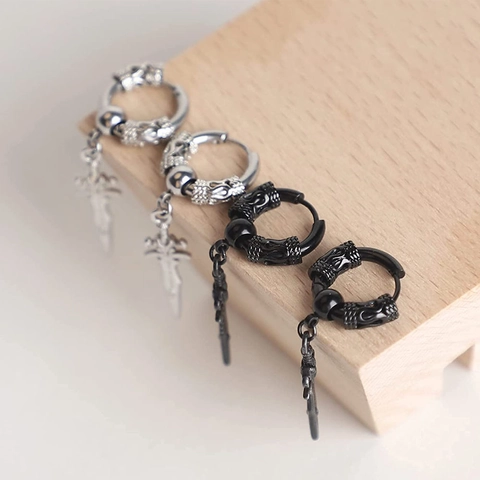 Gothic Punk Surgical Stainless Steel Dagger Sword Pendant Huggie Earrings Vintage Dragon Engraved Ear Hoop Jewelry For Men Women
