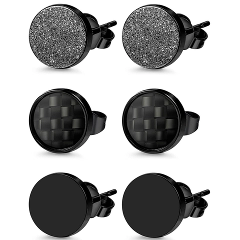 Herren Schwarz Edelstahl Runde Ohrstecker Set Mattiert Kohlefasertextur Matt Minimalistisch Unisex Schmuck