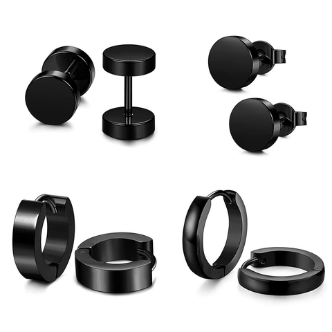 Orecchini a Bottone E a Cerchio in Acciaio Inossidabile per Uomo Nero Argento Manubrio Disco Tondo Set Gioielli Piercing Punk Minimalisti