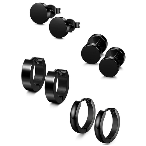 Orecchini a Bottone E a Cerchio in Acciaio Inossidabile per Uomo Nero Argento Manubrio Disco Tondo Set Gioielli Piercing Punk Minimalisti