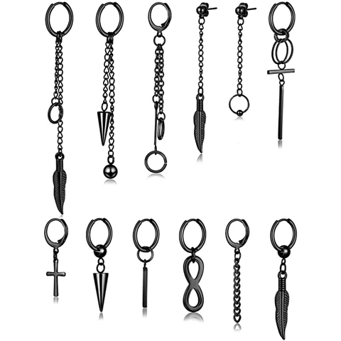 Stainless Steel Punk Hoop Earrings With Cross Feather Leaf Pendant Drop Earrings For Men Women Unisex Hip Hop Jewelry