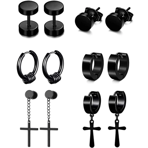 Black Stainless Steel Earrings Set For Men Cross Pendant Stud Hoop Dumbbell Gothic Punk Piercing Jewelry Collection