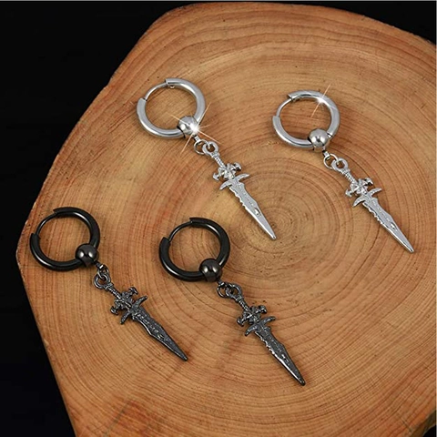 Pendientes Colgantes de Espada Daga Vintage Punk Gótico para Hombre de Acero Inoxidable Hip Hop Pendientes de Aro con Cruz Tallada