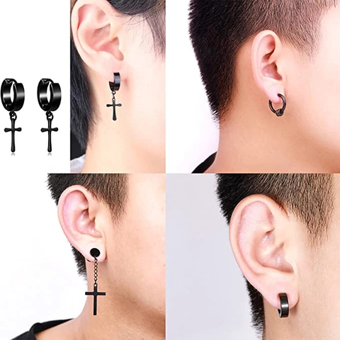 Black Stainless Steel Earrings Set For Men Cross Pendant Stud Hoop Dumbbell Gothic Punk Piercing Jewelry Collection