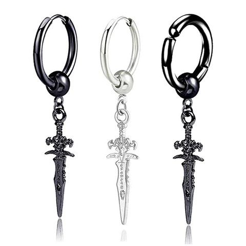 Pendientes Colgantes de Espada Daga Vintage Punk Gótico para Hombre de Acero Inoxidable Hip Hop Pendientes de Aro con Cruz Tallada