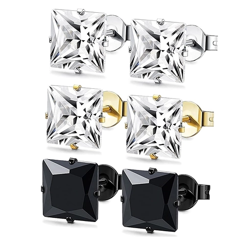 Boucles d'Oreilles Clous en Acier Inoxydable Zirconium Carré pour Femmes Hommes Minimaliste Géométrique Bijoux Accessoire Quotidien