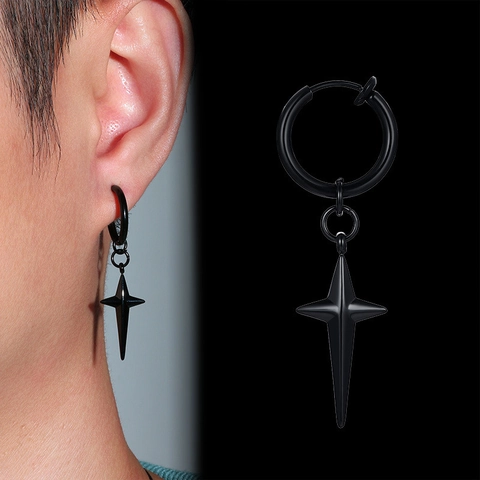 Punk Men's Cross Huggie Earrings No Piercing Metal Ear Clips Gothic Stainless Steel Look Star Pendant Earrings Jewelry