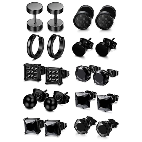 Punk Black 316L Stainless Steel Stud Earrings For Men Cubic Zirconia Geometric Barbell Carbon Fiber Trend Gothic Jewelry