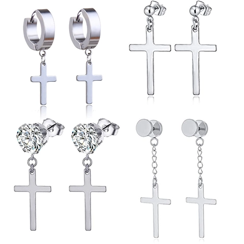 Punk Stainless Steel Cross Dangle Earrings For Men Women Gothic Zirconia Hoop Earrings Set Hip Hop Jewelry Gifts
