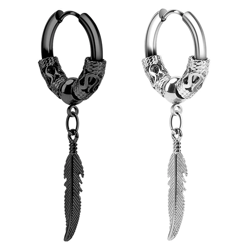Boucles d'Oreilles Créoles avec Pendentif Plume en Acier Inoxydable Chirurgical pour Hommes Femmes Bijoux Punk Vintage