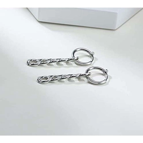 Boucles d'Oreilles Créoles Pendantes à Maille Cubaine pour Hommes Métal Punk Longue Chaîne Avec Clip Pour Bijoux Unisexe