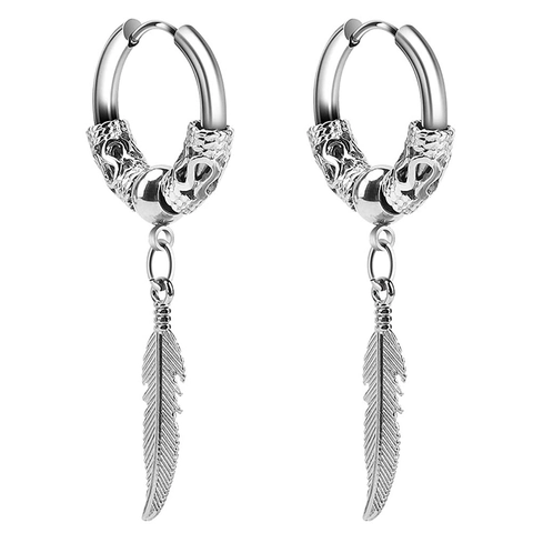 Boucles d'Oreilles Créoles avec Pendentif Plume en Acier Inoxydable Chirurgical pour Hommes Femmes Bijoux Punk Vintage