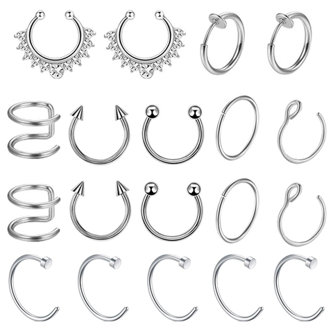 Stainless Steel Nose Ring Set Zirconia Ear Cuff Fake Piercing Septum Ring Jewelry For Women Men Punk Style Silver Color
